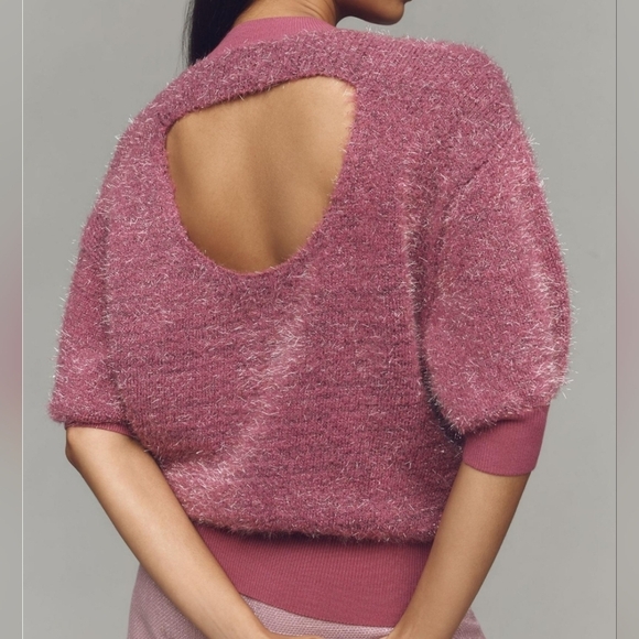 Anthropologie Maeve Violetta Short Sleeve Tinsel Sweater In Pink SZ XL NWT - Picture 4 of 14